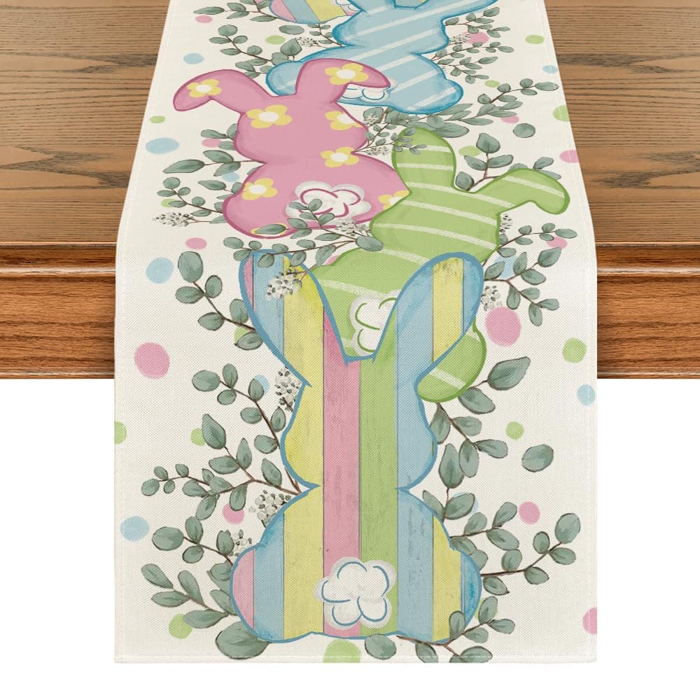 Artoid Mode Watercolor Bunny Rabbit Eucalyptus Easter Table Runner, Seasonal Spring Kitchen Dining Table Decoration for Home Party Decor 13x72 Inch