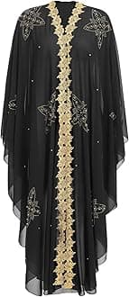 Abaya Dress for Women Muslim Kaftan Dresses with Hooded Batwing Sleeved Beaded Chiffon Embroidered Elegant Dubai Moroccan Caftan Ramadan Party Wear flower One Size