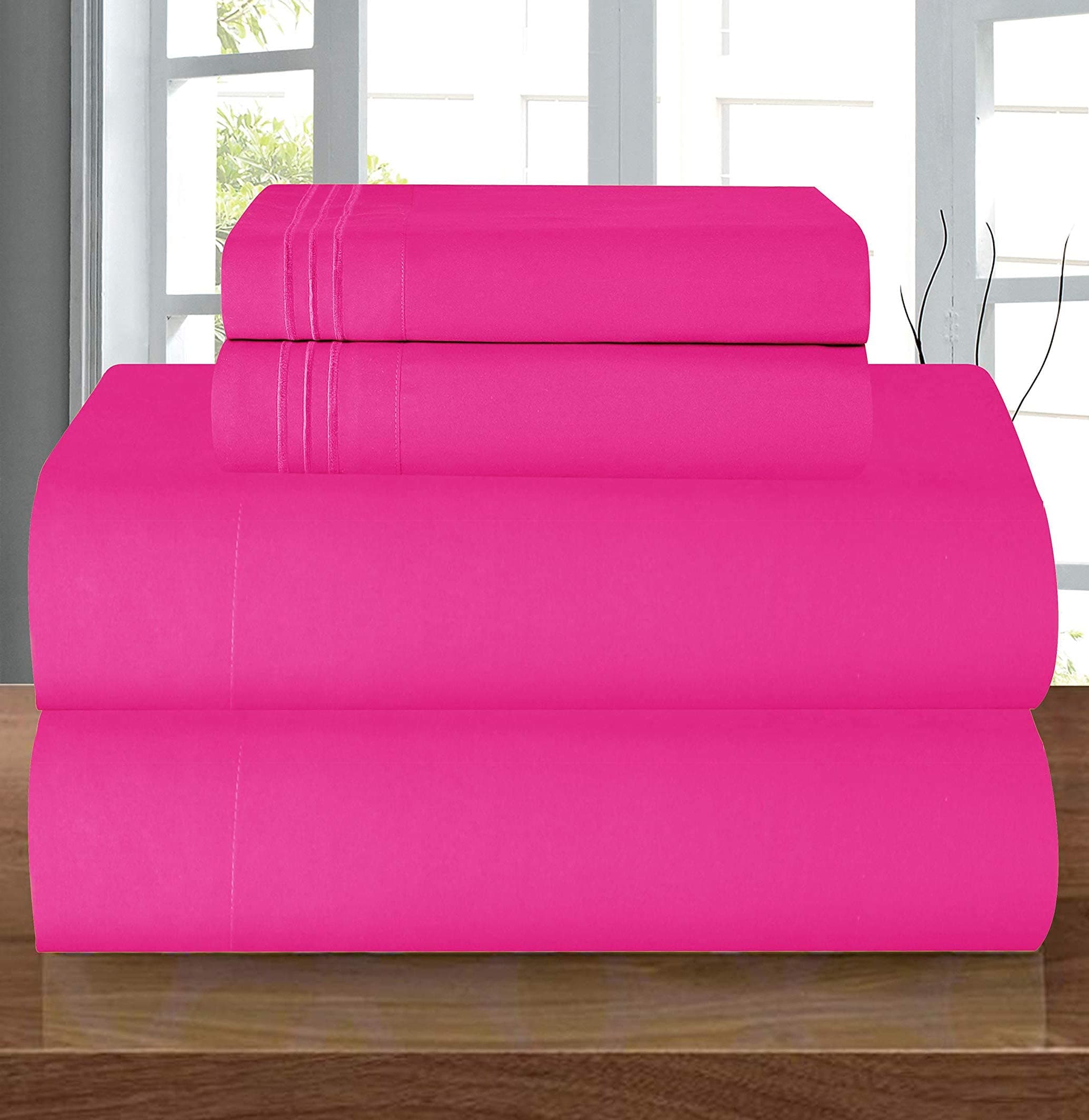 Luxury Premium Hotel Quality Microfiber 4-Piece Sheet Set - Wrinkle Resistant, All Around Elastic Fitted Sheet, Deep Pocket up to 16'', King, Hot Pink