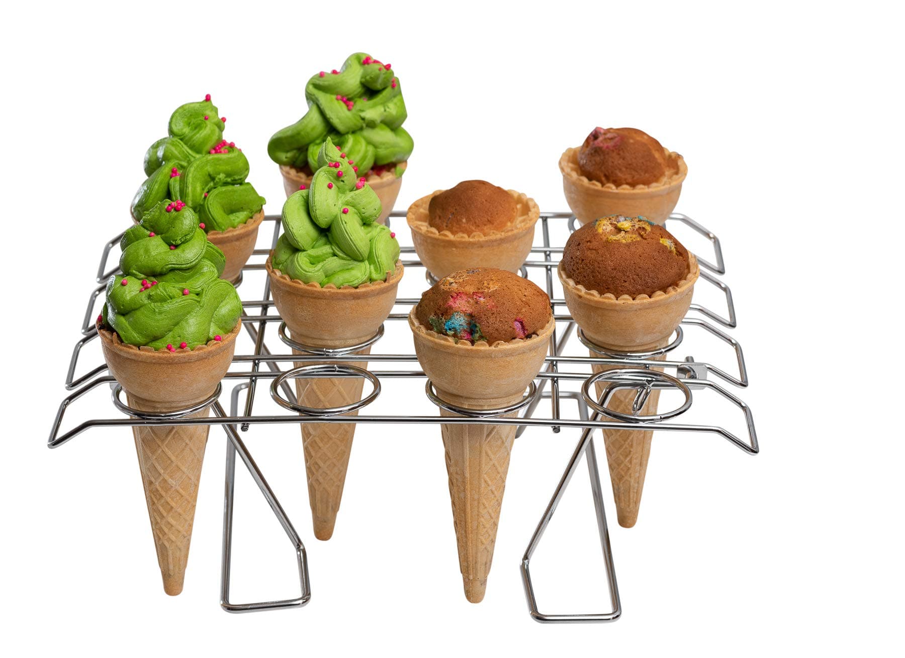 Cupcake Cone Baking Rack - 16 Ice Cream Cone Holder, Cones Stand, Foldable Cake Decorating Pastry Tray, Stainless Steel