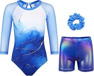 Gymnastics Leotards for Girls With Shorts Sparkly Ballet Dance Long Mesh Sleeve