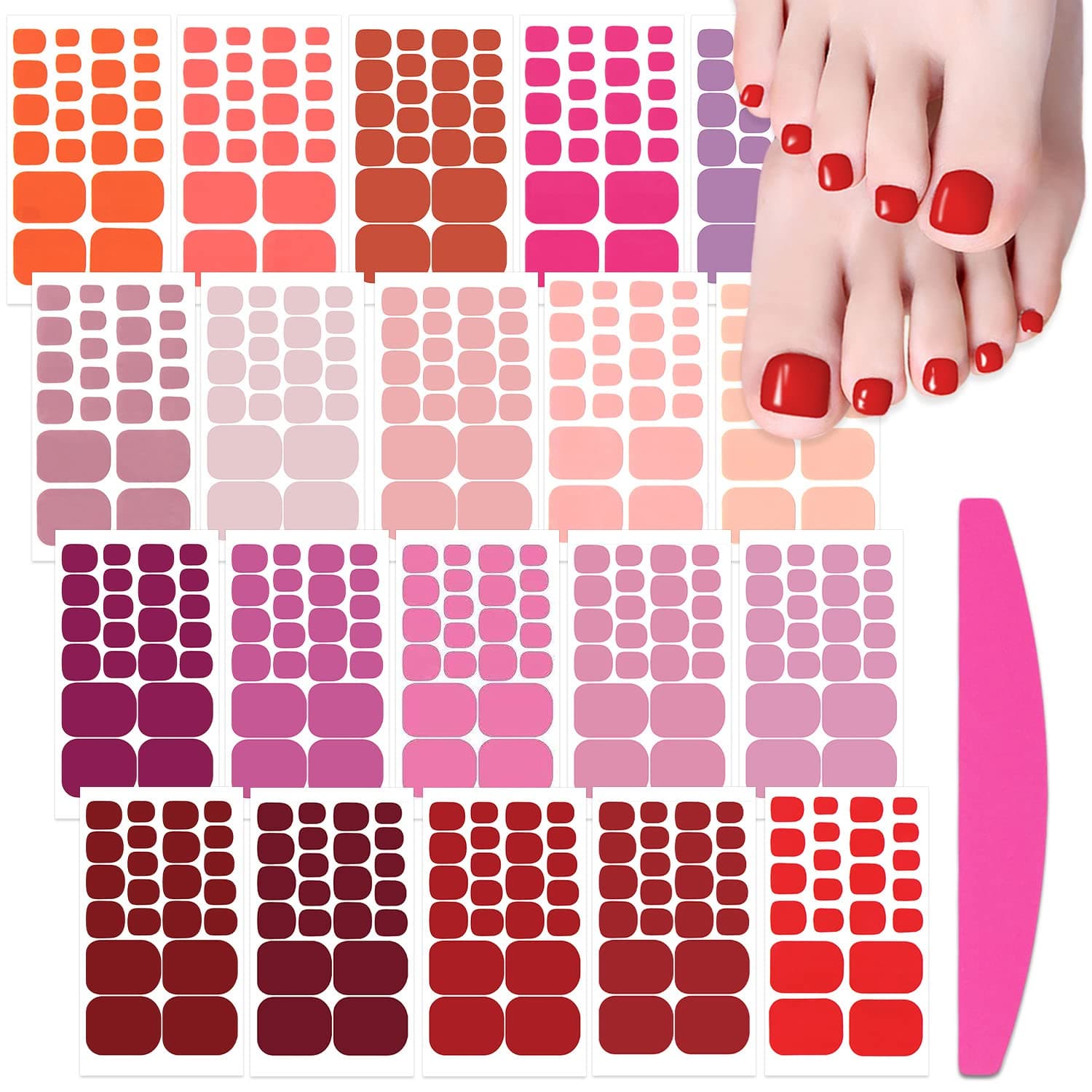 Toe Nail Stickers Full Nail Wraps Red Solid Color Toenail Polish Strips for Women Self Adhesive Toe Stickers Polish Gel Toenails Stickers with 1pc Nail File (20 Sheets)