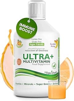 Ultra+ Multivitamin Liquid Food Supplement - 500 ml, 33 Day Supply | Vitamins, Minerals, Super Greens & Aminos | Boost Energy Wellbeing & Immune System I Orange Flavour | For Men & Women