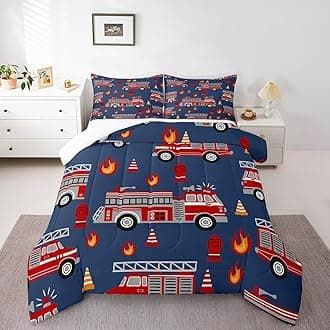Feelyou Cartoon Car Bedding Set Fire Truck Comforter Set for Kids Boys Girls Teens Room Decor Firefighter Comforter Firemen Car Vehicle Fire Engine Blue Red Duvet Set 3Pcs King Size Boys