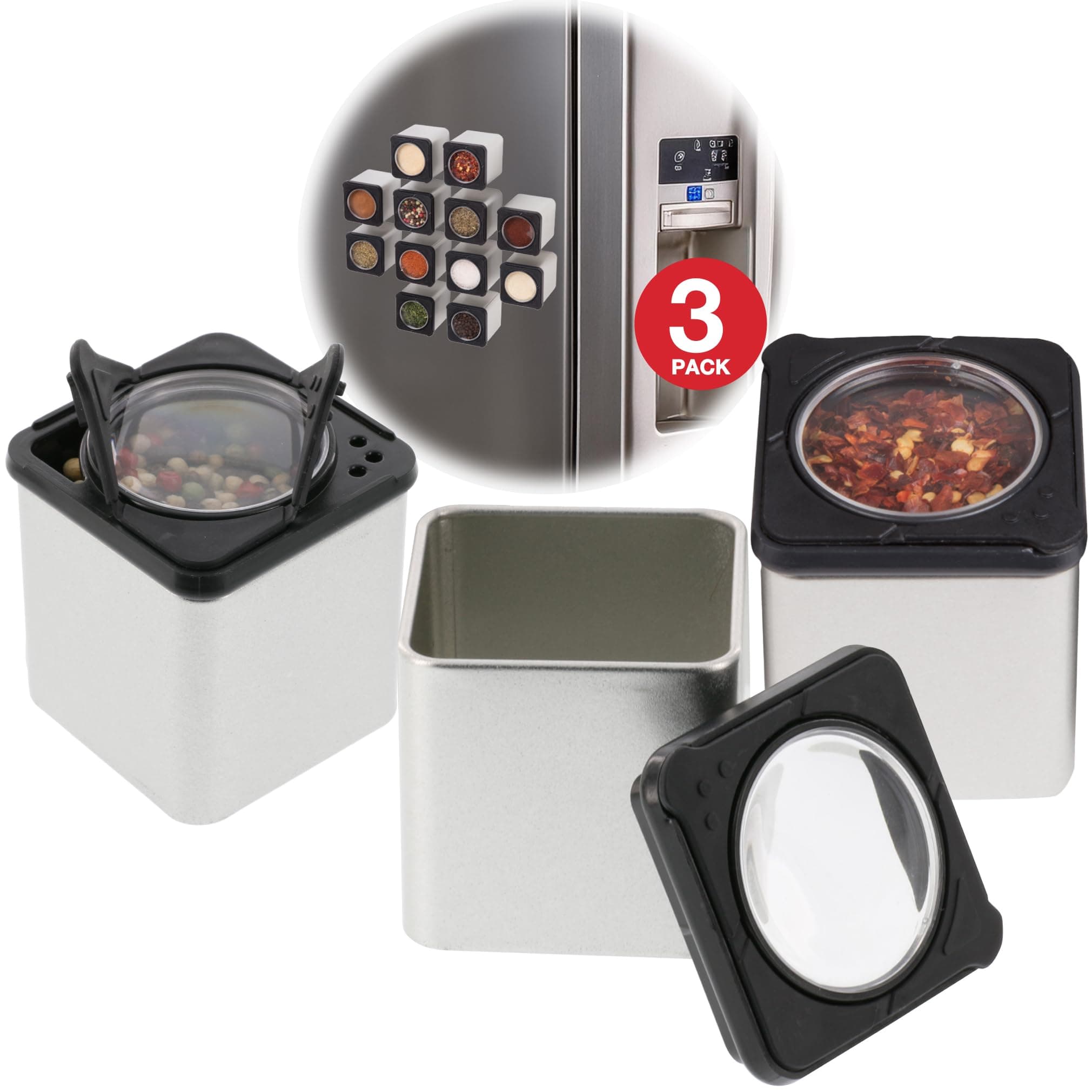 Set of 3 Magnetic Spice Jars, Shake or Pour Containers Attach to Most Refrigerator Doors & Appliances, Seasoning Dispensers- Easy To Open Window Top Shaker Lids- Kitchen Essential