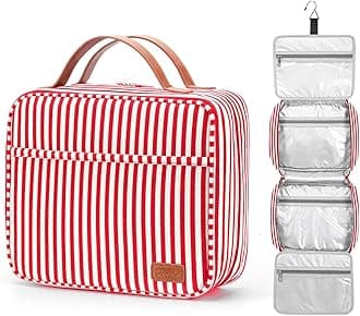 Red & White Striped Hanging Travel Toiletry Bag, Large Capacity Cosmetic Organiser with 4 Compartments & Sturdy Hook, Perfect for Travel/Daily Use