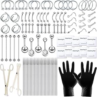103PCS Piercing Kit for all Body Piercings Stainless Steel Piercing Jewelry with 12G 14G 16G 20G Piercing Needles and Tools for Nose Septum Belly Button Lip Ear Tongue Cartilage Eyebrow Tragus