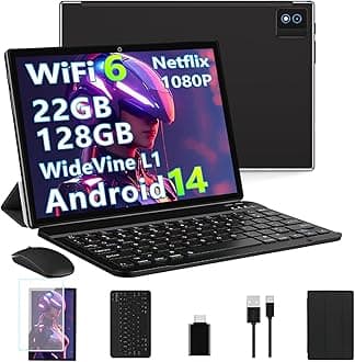 2025 Newest Android 14 Tablets 10 Inch Tablet, 22GB+128GB/2TB, 8000mAh, Octa Core2.0Ghz, 5G/WiFi 6, Widevine L1 FHD, BT5.0, Netflix/Face Unlocking, 13MP, GPS, OTG, GMS Tablet with keyboard＆Mouse-Black