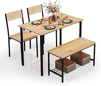 PULUOMIS Dining Table and 2 Chairs with Bench, Dining Table and Chairs Set 4 Piece Dining Room Set, Chair and Bench Set for Restaurant Kitchen Home Bistro Garden, Oak