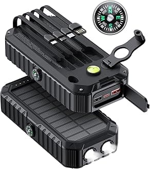 QiSa Solar Charger Power Bank 40000mAh Built in 4 Cables and Hand Crank, Portable Charger 22.5W Fast Charger 6 Outputs & 4 Inputs External Battery Pack with Bright Flashlight and Compass