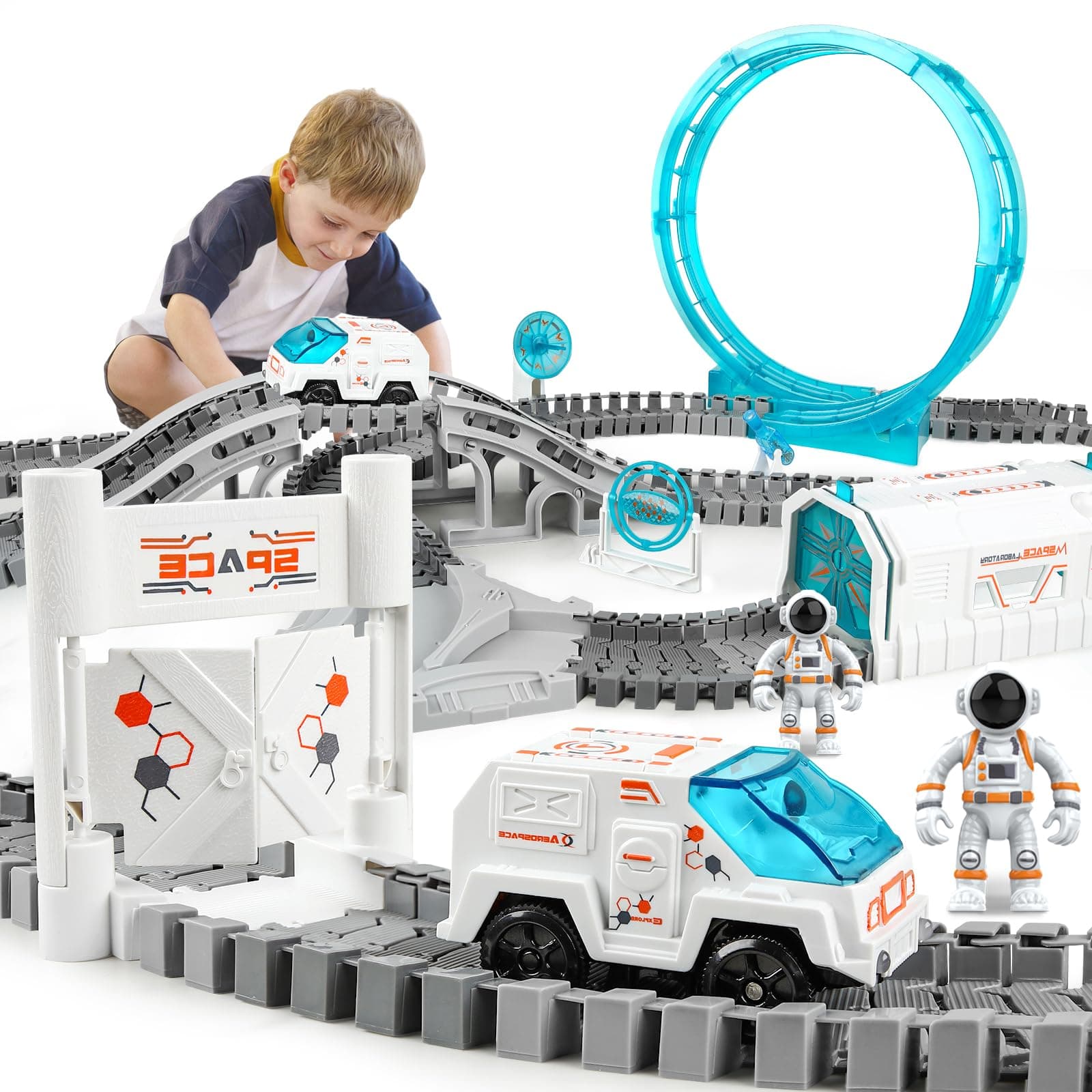 Construction Race Track, Space Train Track Set, 205 PCS DIY Flexible Tracks Play Set for Boys 4-7 with Light up Space Car Station Astronaut, for Toddlers Kids Girls 3-12
