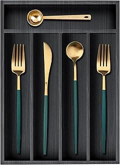 Small Kitchen Utensils Drawer Organizer Black Wooden Flatware Cutlery Tray Silverware Divider Organizer Narrow Wood Silverware Utensil Tray for Drawer Insert Cutlery Fork Spoon Holder for Drawer