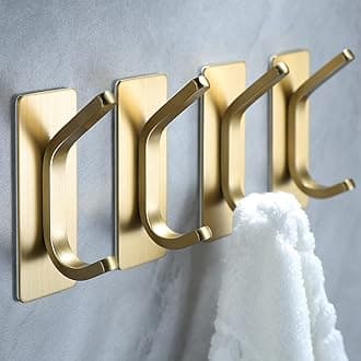 YIGII Towel Hooks/Adhesive Hooks - Brushed Gold Wall Hooks for Hanging Coat, Hat, Towel Robe Hook, Bathroom and Bedroom 4-Packs, Stainless Steel