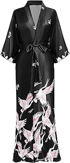 PRODESIGN Long Kimono Robe Satin Sleepwear Blouse Bathrobe Nightgown Silky Crane Kimono Cardigan Robe