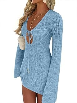 Swimsuit Cover Up for Women Crochet Bathing Suit 2026 Summer Swimwear V Neck Mesh Knit Dress Beach Vacation Clothes