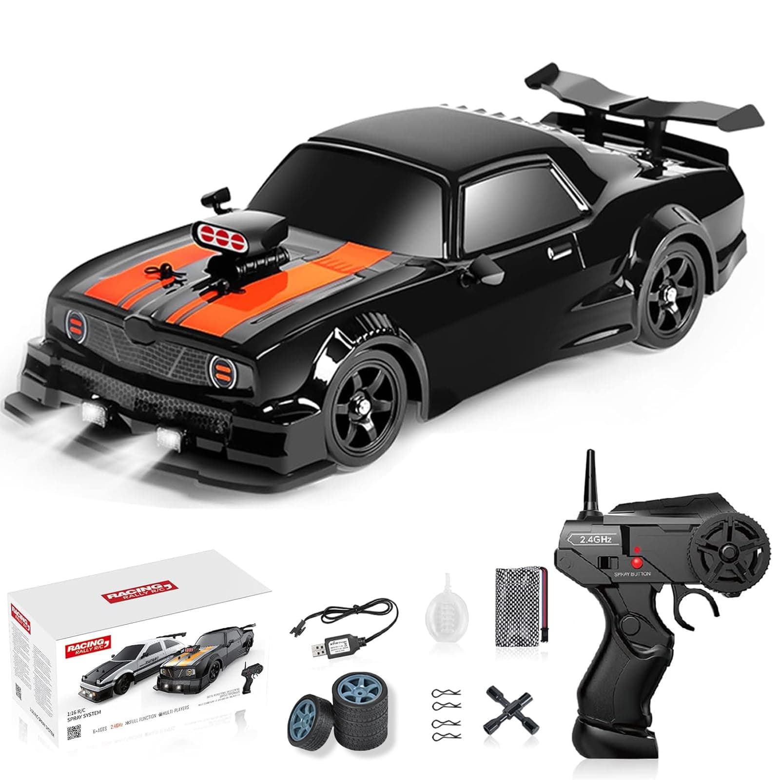 Remote Control Drift Car, 1:16 Scale Fast and Furious Cars 18KM/H High Speed RC Cars 2.4GHz 4WD Remote Control Race Car LED Lights Spray Rubber Tire for Adults Teens Gift