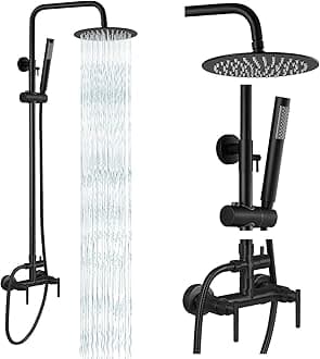 gotonovo Outdoor Shower Fixtures SUS304 Stainless Steel Rain Shower Kit Faucet High Pressure Wall Mount 2 Dual Function 8 Inch Showerhead and Handheld Spray Combo, Double Lever Handle, Matte Black