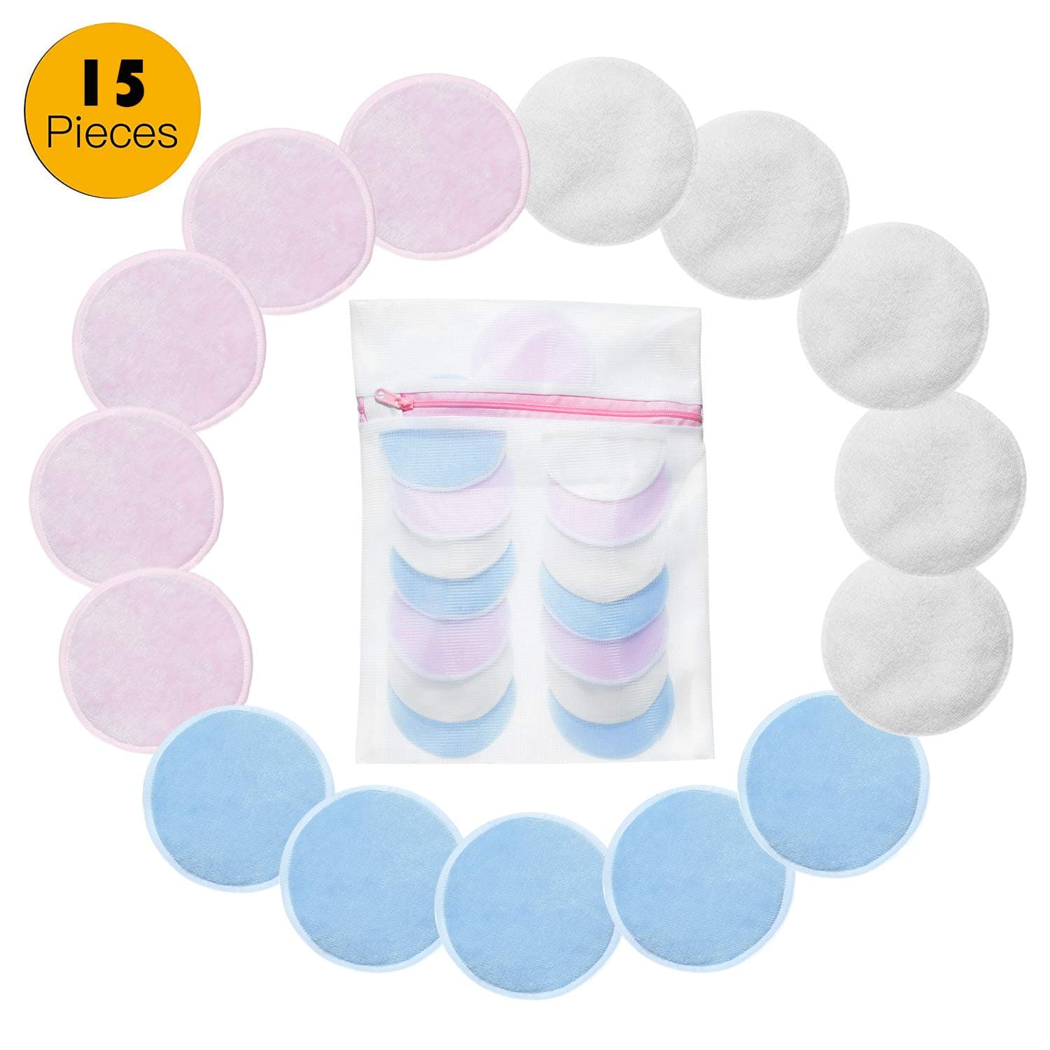 Makeup Remover Pads 15 Pack with Laundry Bag Washable Bamboo Cotton Pad Reusable Soft Facial and Skin Care Wash Cloth Pads