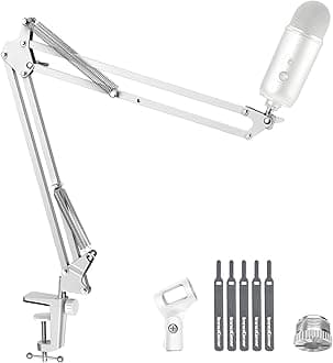 Boom Arm Microphone Mic Stand for Blue Yeti HyperX QuadCast SoloCast Snowball Fifine Shure SM7B and Other Mic, White