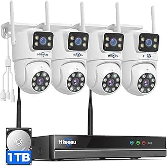 - Hiseeu Wireless Security Cameras Outdoor, 5G & 2.4G WiFi Pro, Wireless Home Security Camera System, Dual Lens, 360° Pan & Tilt, Auto Tracking, Color Night Vision, 1TB HDD No Subscription, Need Plug In