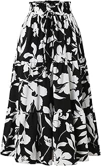 Floral Maxi Skirt for Women Summer Comfy Tiered Elastic High Waisted Skirts Vacation A-Line Flowy Swing Long Skirts