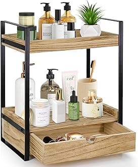 2-Tier Bathroom Organizer Countertop With Drawer, Wood Counter Shelf for Storage, Vanity Tray for Organization and Decor, Countertop Organizer for Kitchen, Office (Brown)