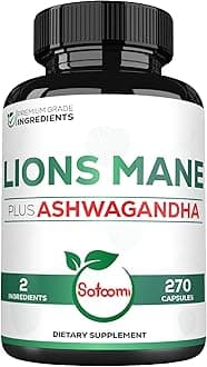 Satoomi Lions Mane Supplement Capsules with Ashwagandha Supplement - 270 Capsules - High Concentrated for Restful Mind, Brain Health, Immune System & Focus Support - Gluten-Free, Non-GMO