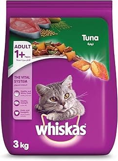 Whiskas Tuna Dry Cat Food, Bag of 3Kg, for Adult Cats 1+ Years, Complete Nutrition and Great Taste Cat Dry Food