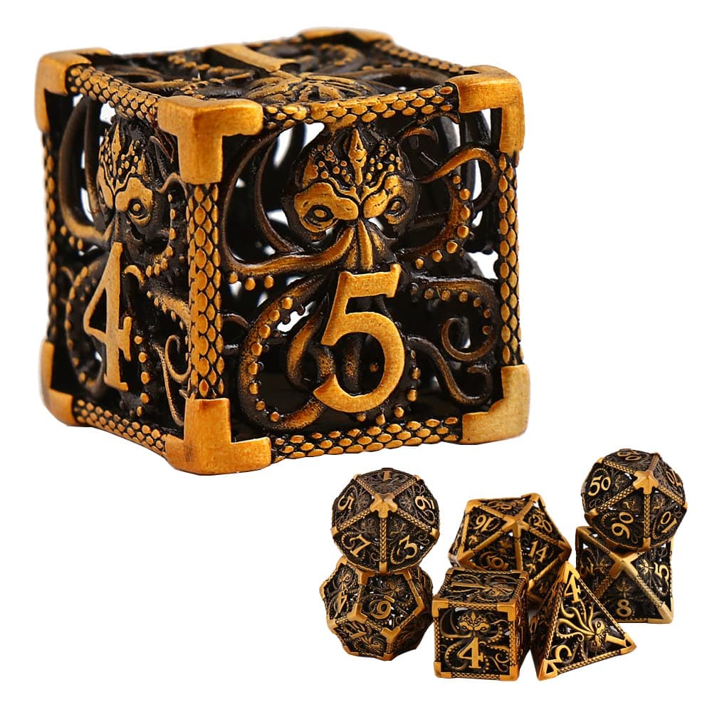 Metal Dice DND Dice Set D&D RUNFNG 7 die Cthulhu Polyhedral Hollow Dungeons and Dragons Dice Large for MTG, RPGs Role Playing Game, Shadowrun and Math Teaching D20 D12 D10 D8 D6 D4 with Metallic Box