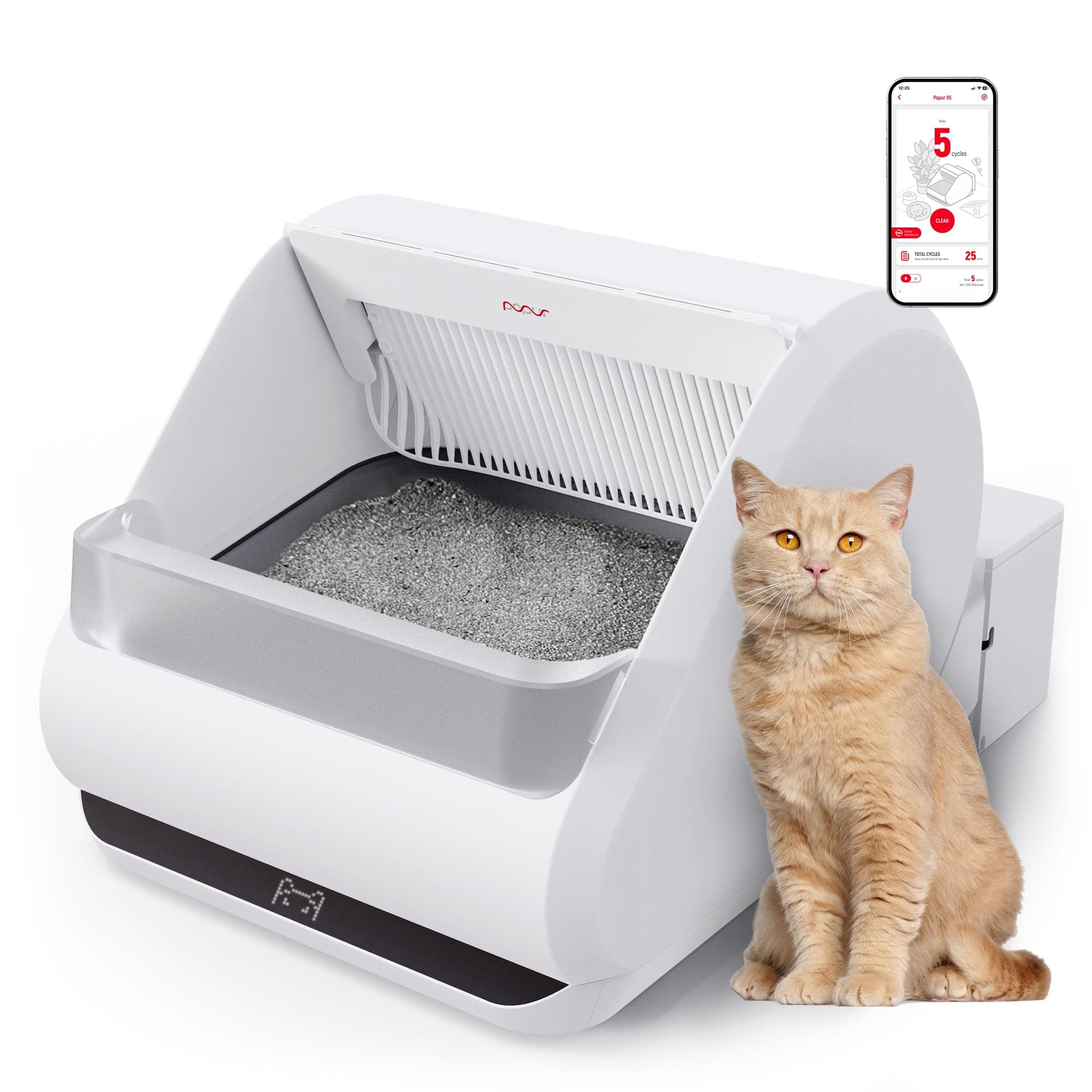 Popur X5 Automatic Cat Litter Box Self Cleaning, 30-Day Capacity Safe Open Top Electric Litter Robot for Multiple Cats, Odor-Seal, 24 Inch Tray, 33 lbs. Load, 99% Leakproof (Plastic Bin)