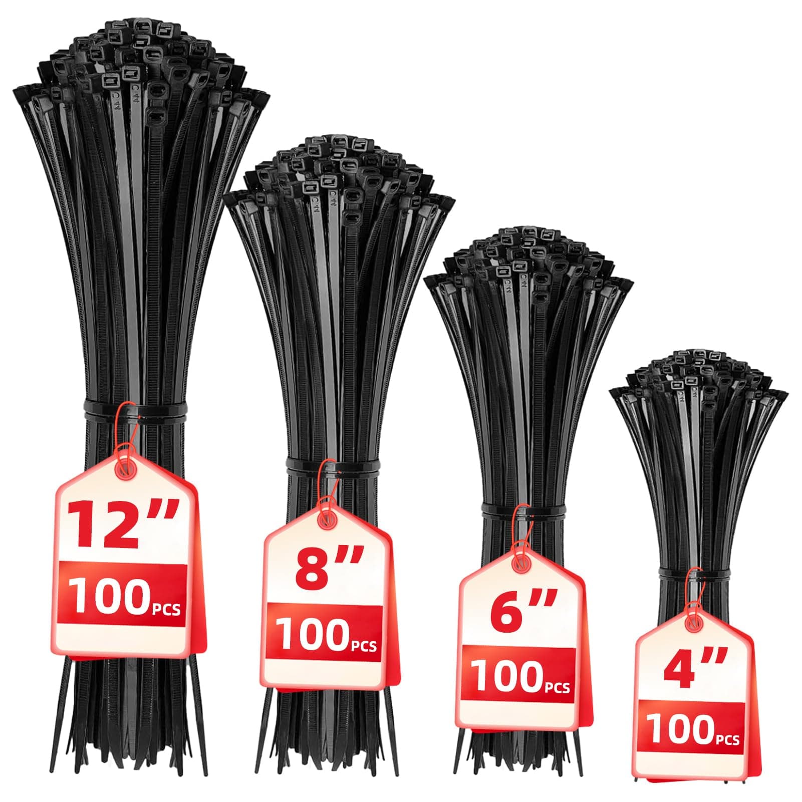 Cable Zip Ties,Black Zip Ties Assorted Sizes 12+8+6+4 Inch