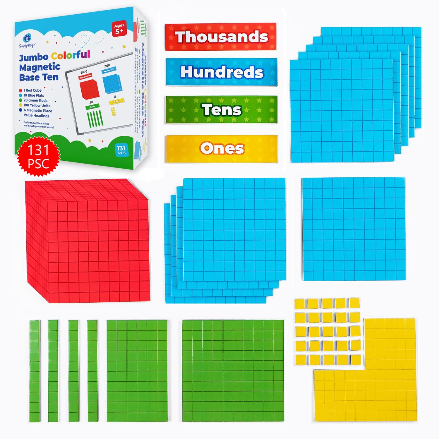 Simply magic 131+4 PCS Jumbo Colorful Magnetic Base Ten Blocks for Math + Headings - Place Value Manipulatives Magnets, Math Manipulatives, Base 10 Blocks, Counters for Kids, Classroom Must Haves