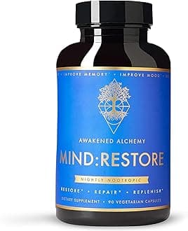 Mind:Restore Premium Nighttime Nootropic Supplement | Advanced Natural Brain Nutrition | Promotes Restorative Sleep | Improve Memory | Improve Mood | Repair Brain | 9 Premium Ingredients | 90 Count