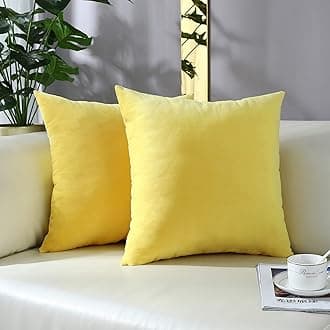 mixeoo Comfy Lemon Yellow Throw Pillow Covers Decorative Square Solid Velvet Cushion Cases Home Decor for Sofa Couch, Set of 2, 20 x 20 Inch