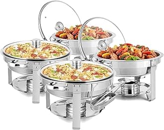 ROVSUN 5Qt 4 Pack Chafing Dish Buffet Set, Stainless Steel Round Chafers for Catering, Buffet Servers and Warmers Set with Glass Lid & Lid Holder, Thick Stand Frame for Wedding Party Banquet Event