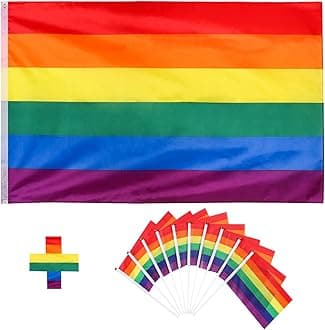 Whaline 3 x 5 Feet Gay Pride Rainbow Flag with 10 Pack Pride Festival Carnival Flag with Stick