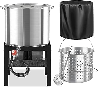- 80QT Seafood Boil Pot with 60QT Basket | Dust Cover | 16-Inch Skimmer | Crawfish Boiler & Crab Boil Pot | 110,000BTU Jet-Burner | 20PSI CSA Certified Regulator | Ideal for Outdoor Cooking