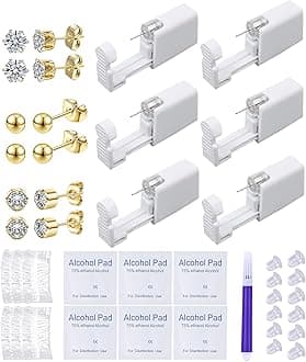 Ear Piercing Kit Disposable Ear Cartilage Piercing Gun Kit with Sterile CZ Studs Easy and Safe Earring Self for Yourself Use at Home(Gold Mixed Patterns 3mm)