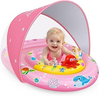 EZIGOBaby Pool Float with Canopy UPF50+ Sun Protection, Inflatable Kids Pool Float with Ocean Animal Toys for Baby 6-36 Months, Infant Swimming Float with Adjustable Safety Seat for Boys Girls - Pink