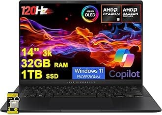 ASUS Vivobook S 14 Laptop 14" 2880x1800 OLED 120Hz (600nits HDR) AMD 10-core Ryzen AI 9 365 (Up to 50 Tops) 32GB RAM 1TB SSD for Creator Designer Business Professional Win11Pro ICP Hub