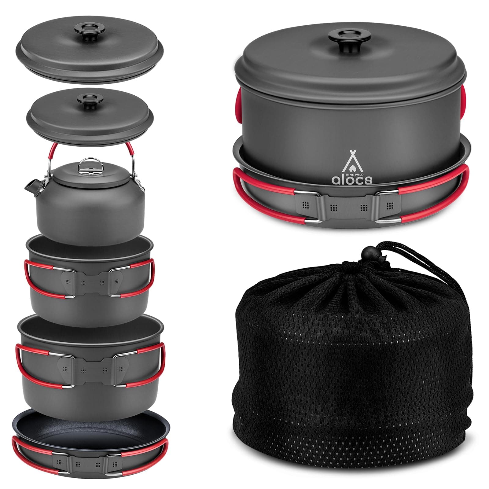 Alocs Camping Cookware Set Camping Gear, Compact Camping Pots and Pans Set, Durable Hard Alumina Camping Cooking Set for Outdoor Backpacking Camping Hiking Picnic, Included Mesh Carry Bag.