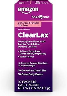 Amazon Basic Care ClearLax, Polyethylene Glycol 3350 Powder for Solution, Osmotic Laxative, Unflavored, 0.5 Ounce each, 10 Count (Pack of 1)