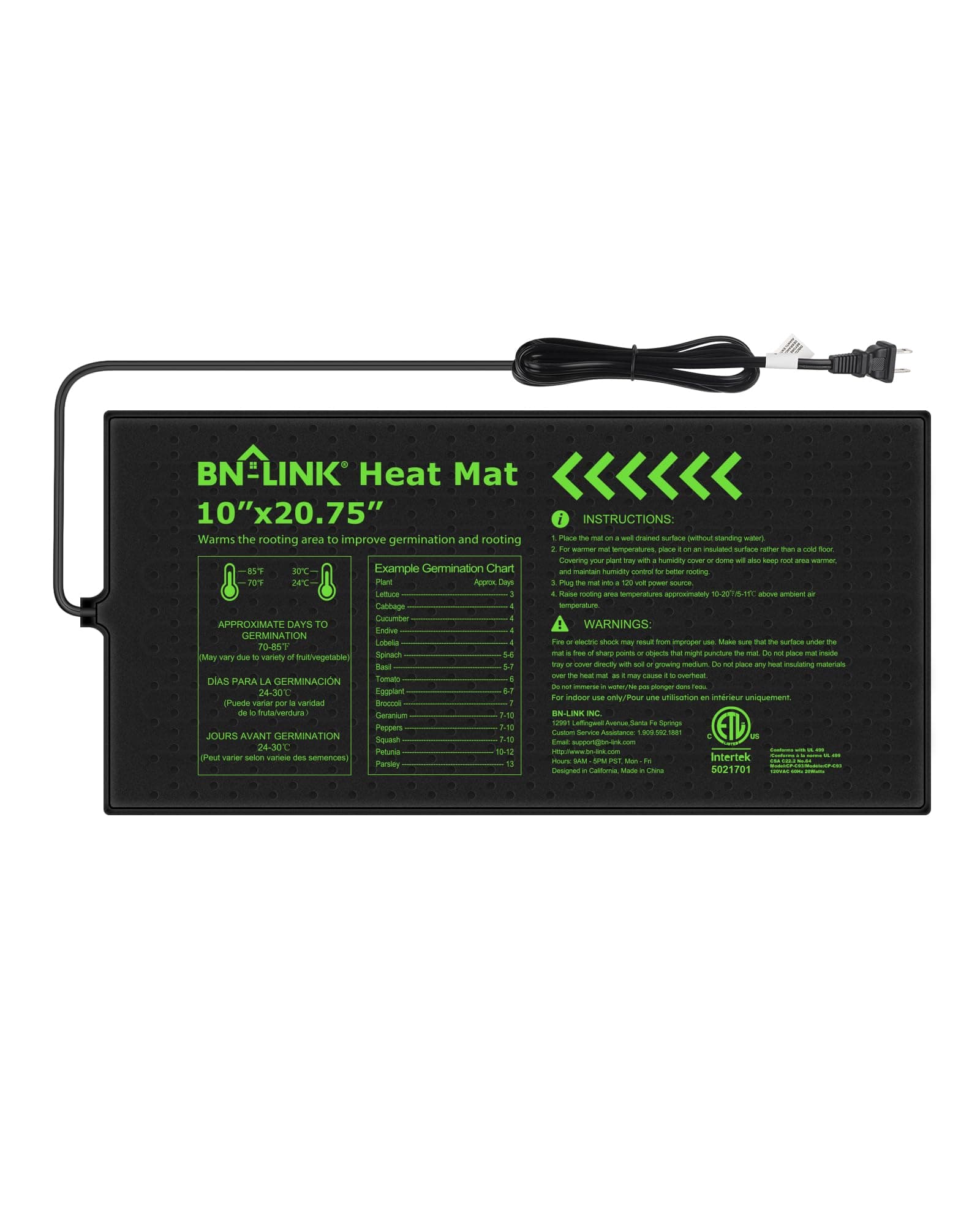 Durable Seedling Heat Mat for Seed Starting 10" x 20.75", Waterproof Warming Mat Plant Heating Pad for Seed Germination, Indoor Growing, Hydroponic, Greenhouse, ETL Listed