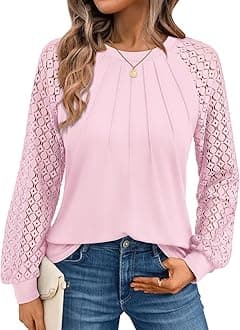 Womens Long Sleeve Shirts Pleated Lace Tops Fall Fashion Outfits Business Casual Blouses