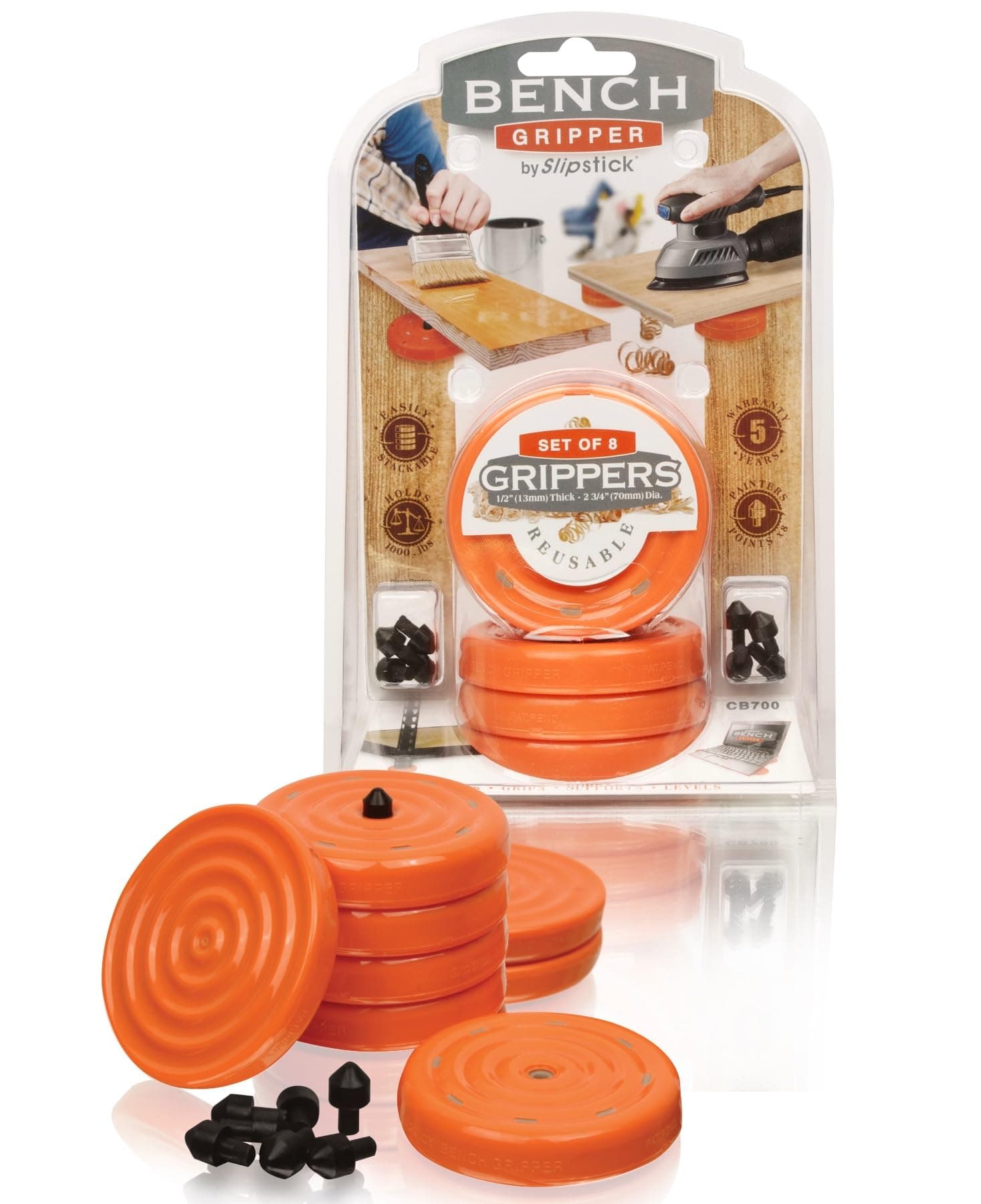 CB700 Universal Bench Grippers with Non Slip Grip Surface for Woodworking, Painting, Leveling, Raising, & Supporting (Set of 8 Stackable Grippers) 2-3/4” Round x ½” Tall - Orange