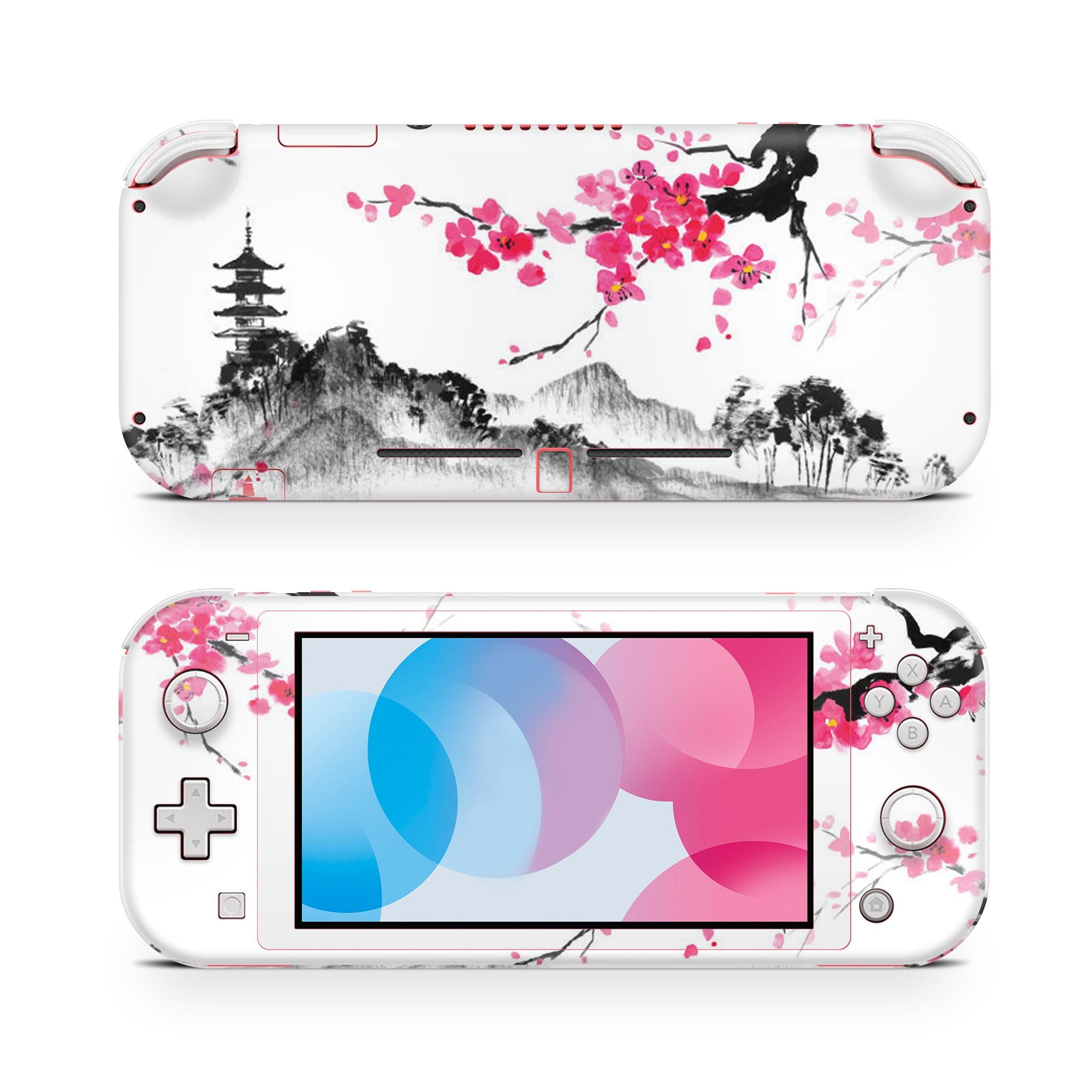 ZOOMHITSKINSSwitch Lite Accessories, Compatible for Switch Lite Skin, Pink Cherry Blossom Japan Temple Asia Black Pastel Flowers, 3M Vinyl, Durable & Fit, Easy to Install, Made in The USA