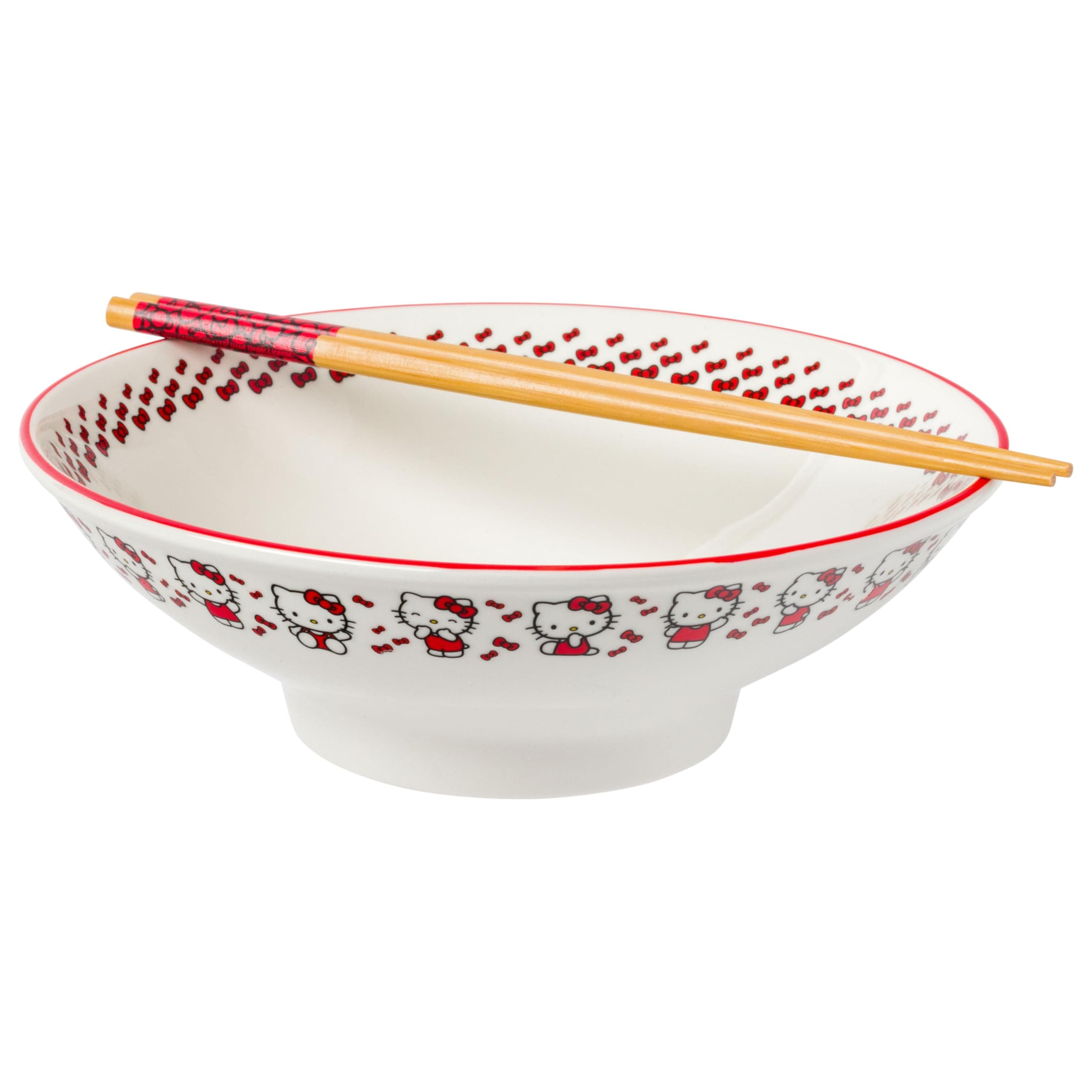 Hello Kitty Red Stripes and Bows Ceramic Ramen Noodle Rice Bowl with Chopsticks, Microwave Safe, 30 Ounces