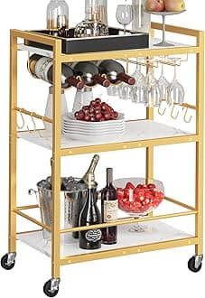 Bar Cart, Serving Cart for Home, Microwave Cart, Drink Cart, Mobile Kitchen Shelf with Wine Rack and Glass Holder, Rolling Beverage Cart BC01BMG030