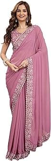 TRENDMALLS Women's Georgette Lakhanvi Embroidery with Sequence Moti work Women Saree
