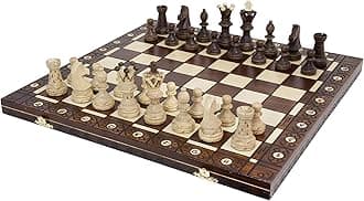 Wegiel Handmade European Ambassador Chess Set - Wooden 21 Inch Beech & Birch Board With Felt Base - Carved Hornbeam & Sycamore Wood Chess Pieces - Compartment Inside The Board To Store Each Piece